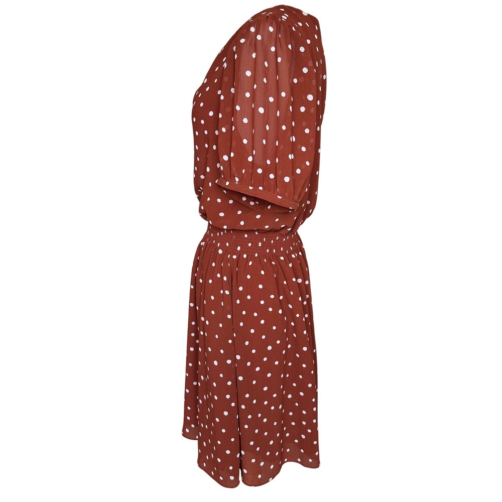 Madewell White Polka Dot Smocked Mini Dress Rust Brown XL Button Front V Neck - Picture 6 of 10